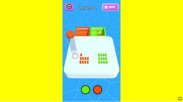 Gameplay screenshot; cubes in different colored container