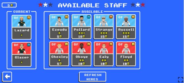 Retro Bowl Unblocked Screenshot showing staff available for hiring