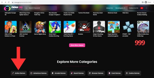 Action Games Menu in Now.gg Free Fire