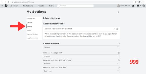 Screenshot showing Privacy menu in Roblox Account 