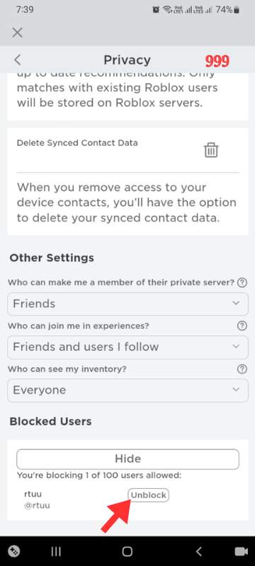 Screenshot showing  Unblocking User 
